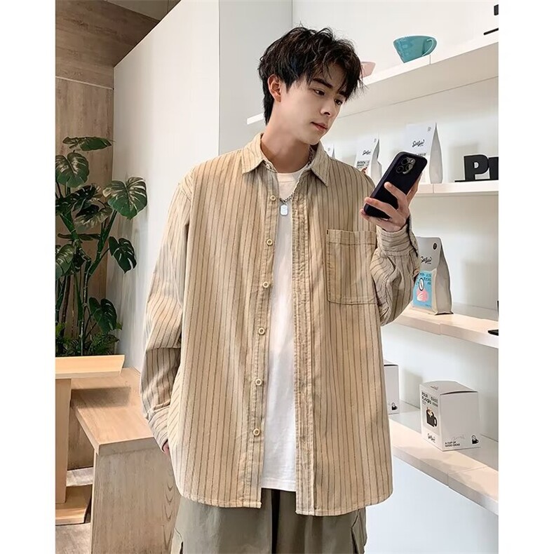 休闲男士衬衫2024透气舒适条纹下摆黑标宽松翻领衬衫男384/P40,男装衬衫,星座506