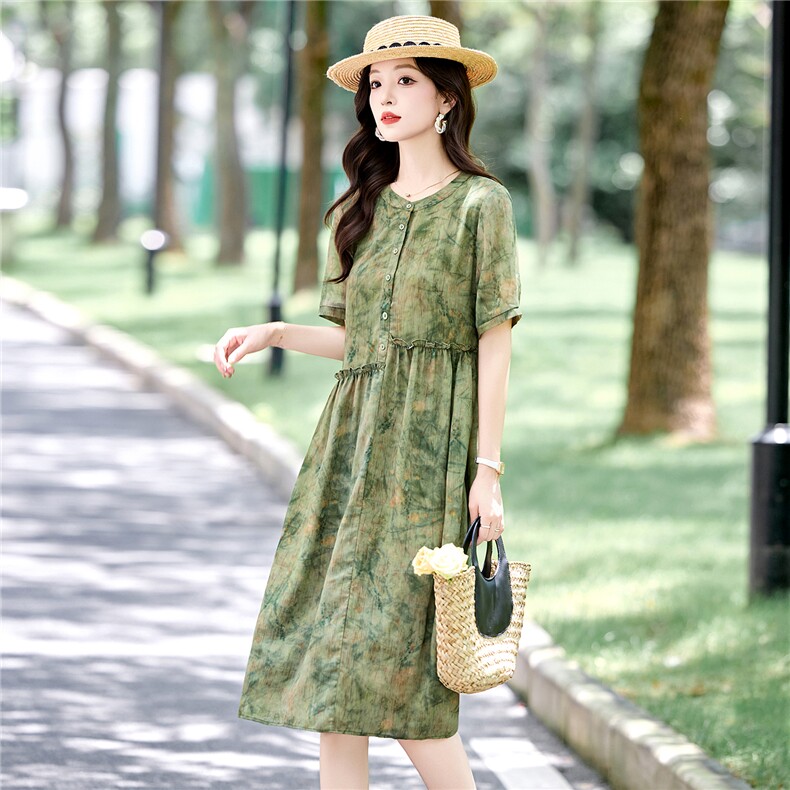 时尚休闲印花连衣裙女2025夏季新款宽松圆领木耳花边减龄碎花裙子,女装连衣裙,木橙西子