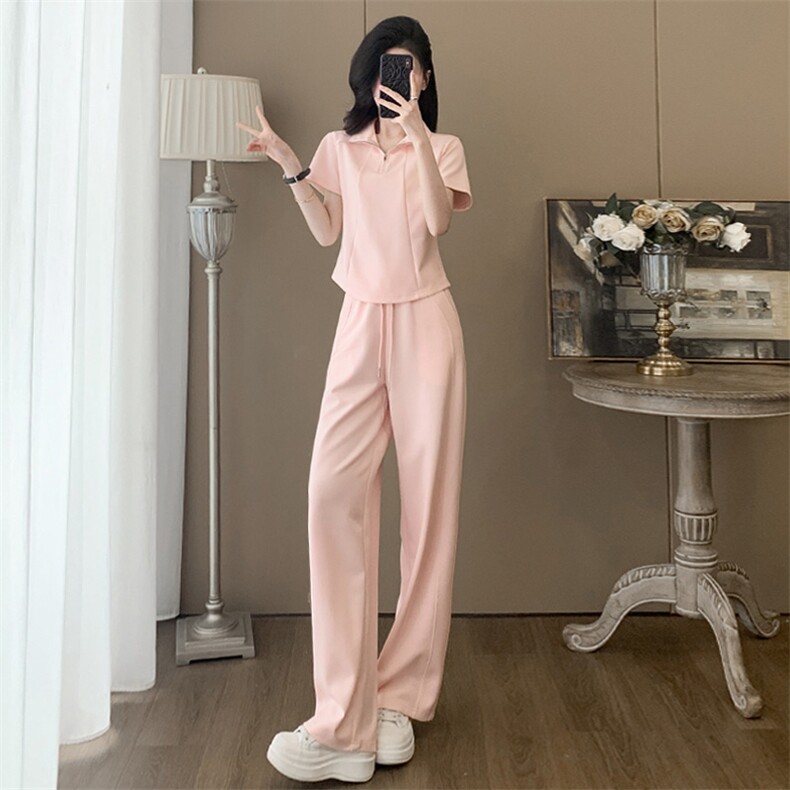 高级感时尚气质套装女夏季新款条纹显瘦短袖上衣抽绳阔腿裤两件套,女装套装/套裙,江南