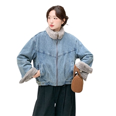 复古拼接牛仔外套女2025冬新款加绒加厚短款羊羔绒保暖宽松派克服，女装短外套，2C255