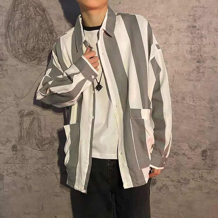 复古拼接口袋条纹衬衫男装长袖春季帅气休闲衬衣韩版宽松薄款外套,男装衬衫,星座506A