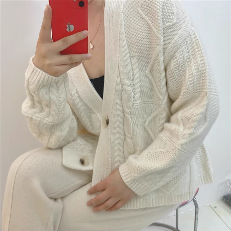 重工35%羊绒衫加厚款绞花纯色韩版宽松大气时尚针织衫外套,女装羊绒衫,以美红杉羊绒