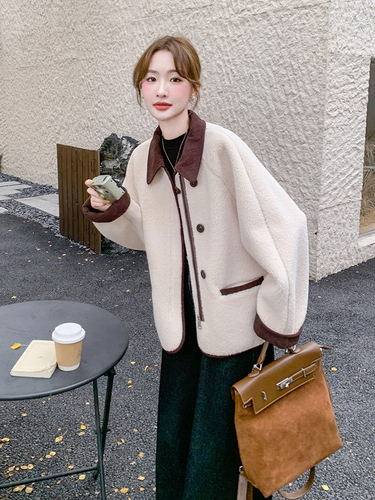 小个子皮毛一体外套女2024冬羊羔毛撞色翻领拼接洋气加厚短款棉服，女装羊羔毛/颗粒绒，浙宝192（原082）