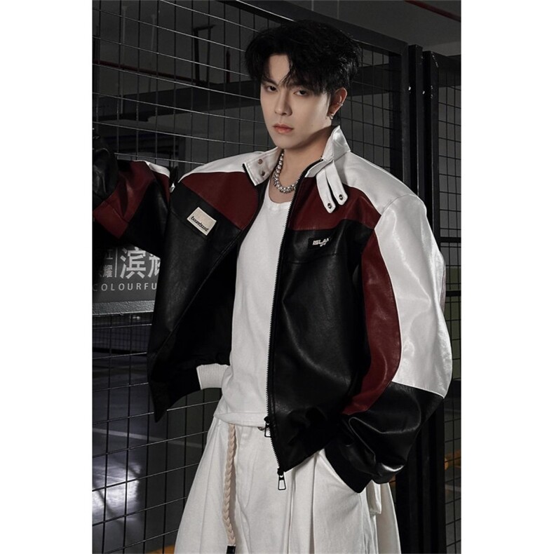 pu皮衣飞行员夹克男款情侣拼接撞色痞帅机车骑行服外套JK8574，男装皮衣，星座1116A（原606A-3）