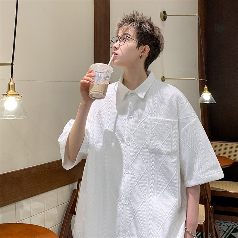 2026夏装翻领短袖衬衫大码男纹理提花衬衣菱形格 CS220/P35 白色2图片