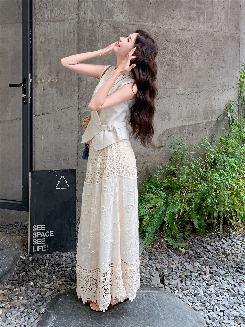 轻奢超好看套装裙女2026夏新款法式温柔V领马甲拼接半身裙两件套,女装套装/套裙,流量+