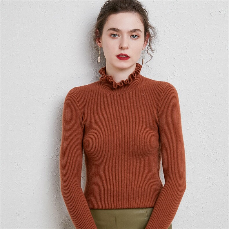 半高领毛衣女修身荷叶领紧身内搭秋季花边袖木耳边打底针织衫,针织衫/毛衣,皓宇羊绒
