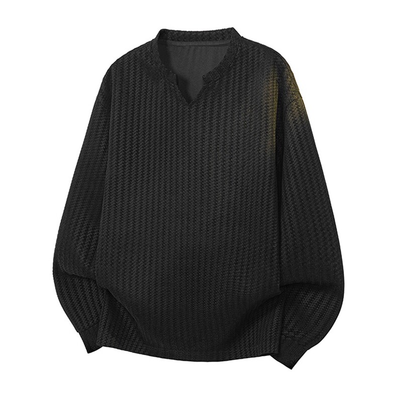 美式高街千鸟格子长袖T恤男女亨利V领英伦雅痞休闲宽松长袖打底衫,男装T恤,电商A486