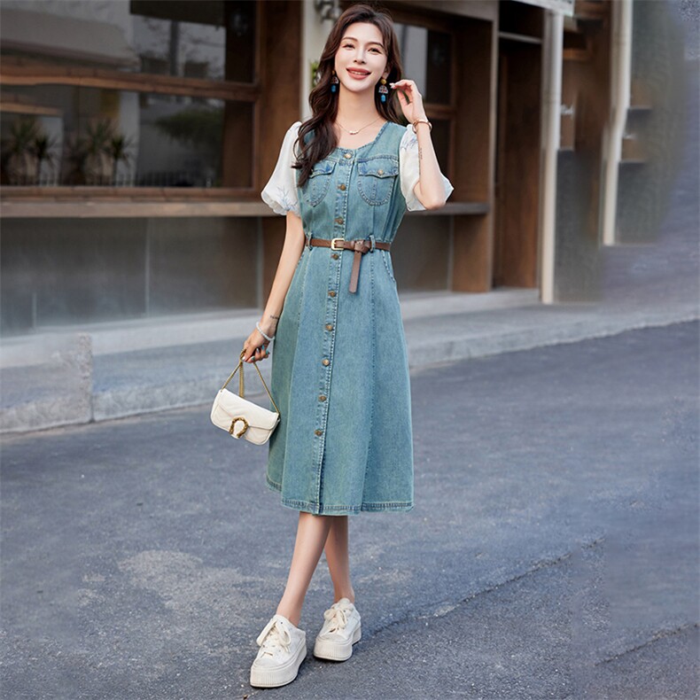 韩版拼接牛仔连衣裙女2024夏新款方领收腰设计小个子通勤长裙子，女装连衣裙，浙宝029