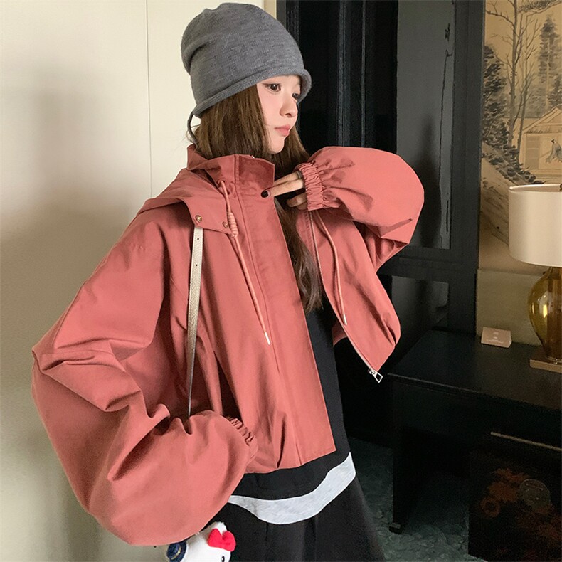 K姐户外风尼龙绉短款宽松连帽气质花苞外套女,女装短外套,纯色衣恋
