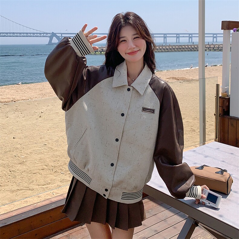 设计感美式复古拼接夹克外套女2025年春秋季新款韩版宽松显瘦上衣图片