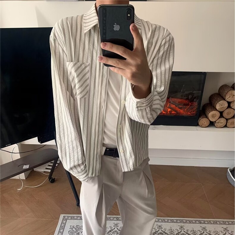 美式高街复古竖条纹长袖衬衫男春季潮牌宽松情侣休闲百搭休闲衬衣，男装衬衫，星座302B
