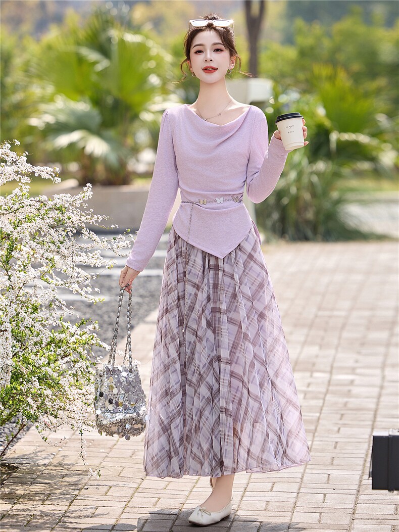 现货现货网纱格子半身裙女收腰2026春装新款超火穿搭一整套裙，女装套装/套裙，伊仟回