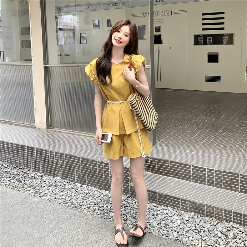 夏装韩系收腰绑带亚麻短袖+短裤两件套2C239-H87-P145-K218,女装套装/套裙,2C239