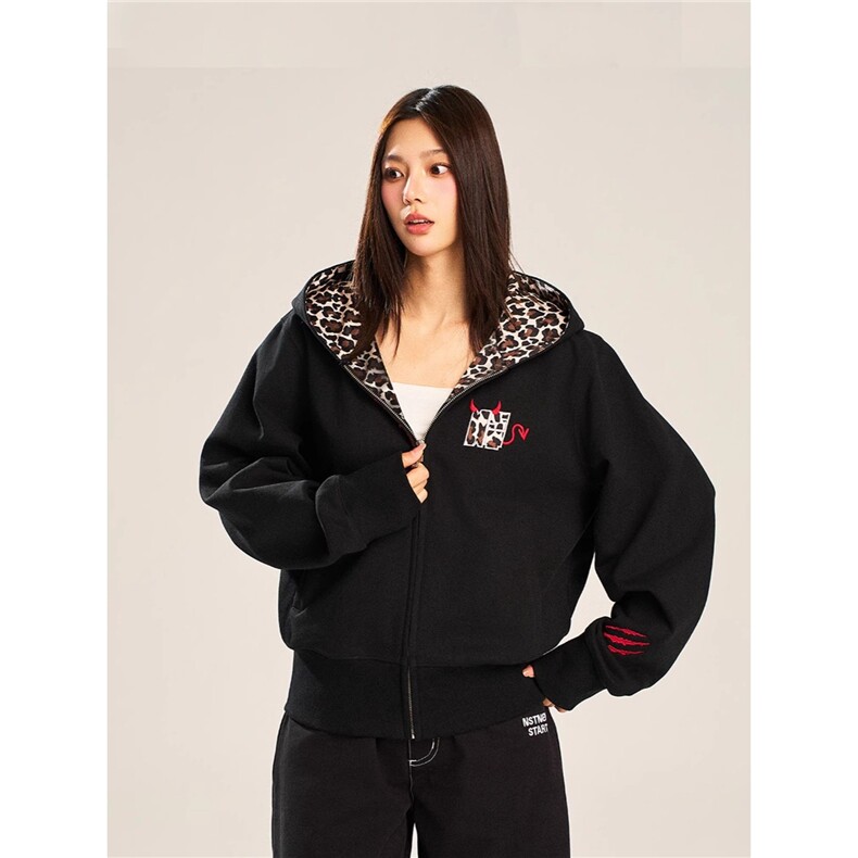 小恶魔豹纹贴布连帽拉链外套美式宽松男女卫衣，女装短外套，星座1210-1