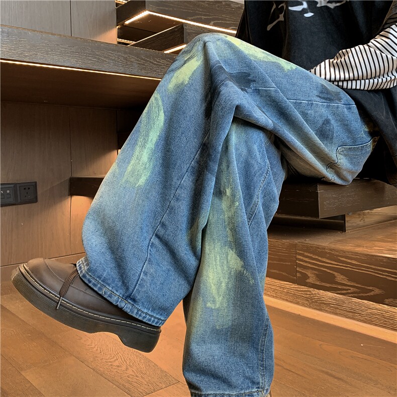潮牌高街牛仔裤男复古设计涂鸦嘻哈直筒阔腿裤子1001-1-G782-P50,男装牛仔裤,星座1001-1