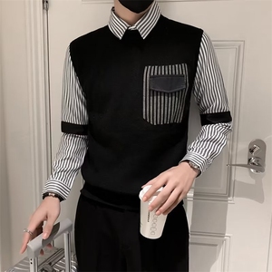 假两件毛衣男士条纹衬衫领打底口袋设计针织衫秋冬季男线衣 Q141图片