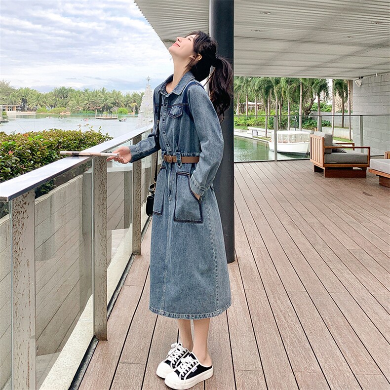时尚复古牛仔连衣裙女2024春季新款时髦别致chic休闲风中长款裙子,女装连衣裙,点滴