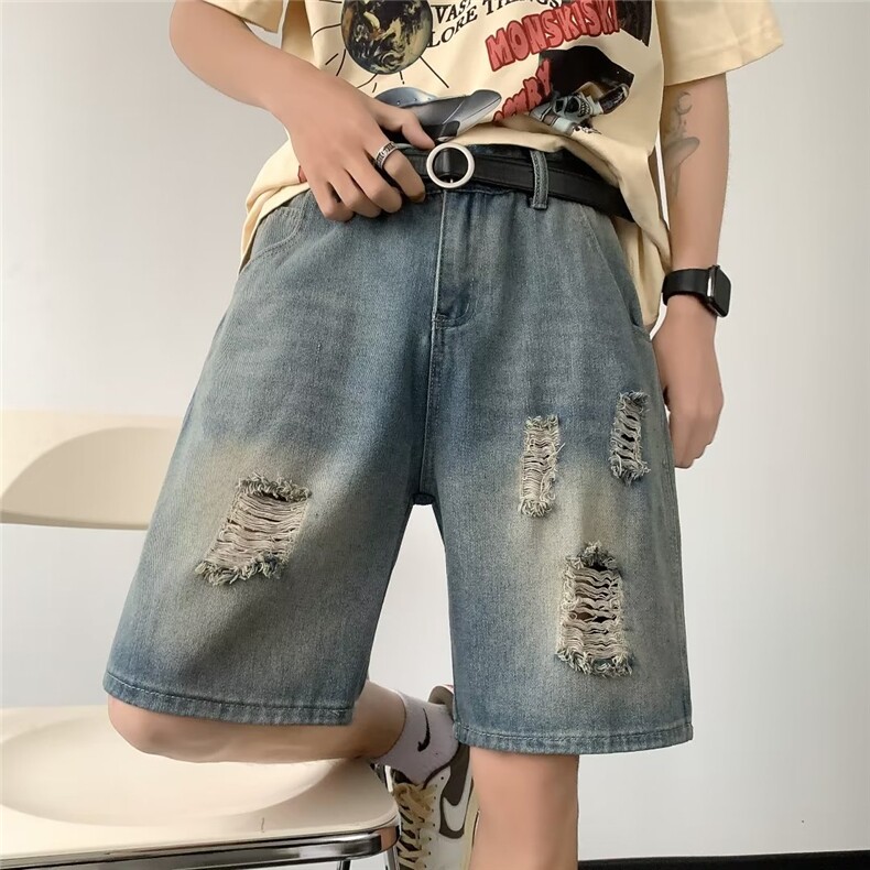 水洗男五分裤拉链文艺夏季新款牛仔裤潮破洞M881P33图片