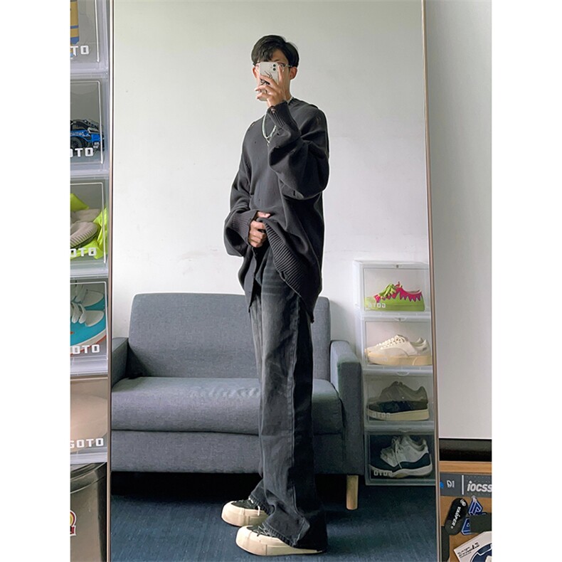 江浙沪穿搭修身微喇牛仔裤男美式高街vibe欧美直筒高腰黑色裤子秋,男装牛仔裤,电商B221