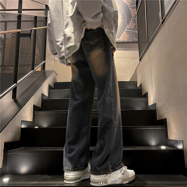 假两件牛仔裤高街水洗做旧复古蓝直筒阔腿长裤A061-EX50205-P65,男装牛仔裤,电商A061