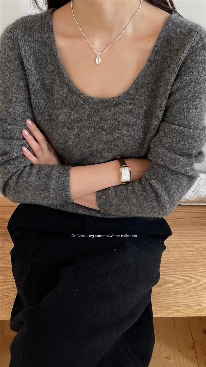 秋冬U领纯色长袖内搭毛衣女宽松显瘦针织打底套衫,针织衫/毛衣,半城羊绒