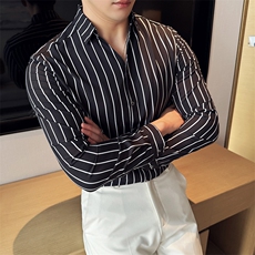 简约条纹V领韩版英伦显瘦衬衫商务绅士衬衣男C016C/P55控75，男装衬衫，电商A243