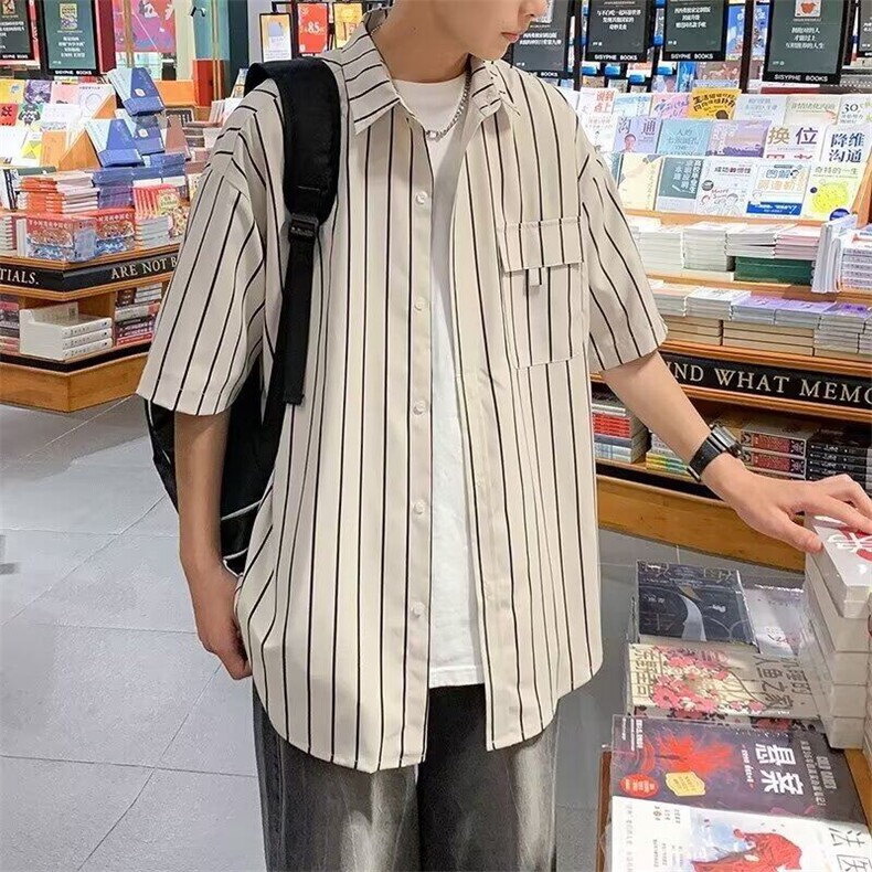 竖条纹衬衫短袖韩版潮流文艺帅气百搭2026夏季ins外套CY1104-P34,男装衬衫,星座412-2