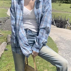 复古蓝色日系格子衬衫男女新款宽松百搭防晒衫513CS1909P32，男装防晒衣，星座513