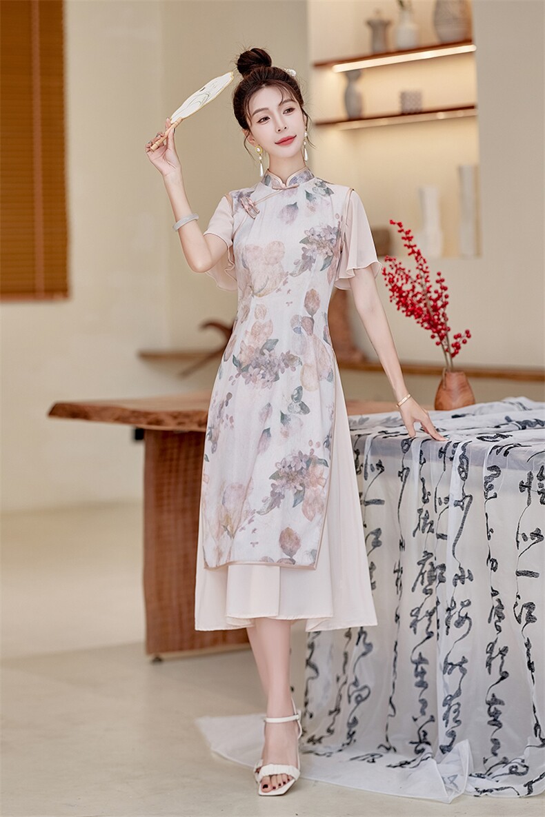 改良版奥黛旗袍女夏季新款送考印花长裙子气质修身中式日常连衣裙,女装连衣裙,利佳可人