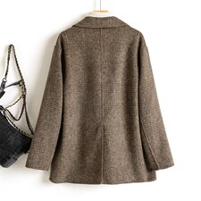 现货精品通勤外贸咖啡色欧美风秋冬新款双面羊毛格子西装外套，女装双面呢大衣，丝露依尚（原SL）