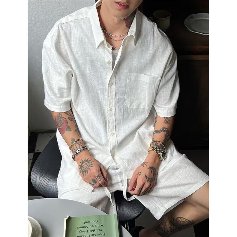 老钱风亚麻衬衫套装男夏季新贵慵懒松弛感穿搭防晒短袖短裤两件套,男装T恤,星座1004-3