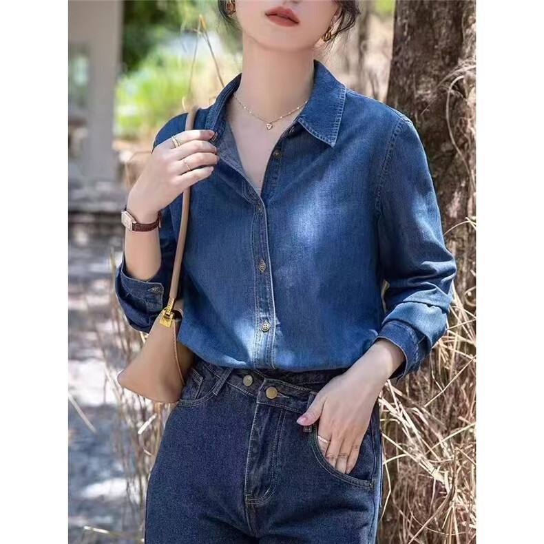 复古牛仔衬衫女春秋2025新款韩版宽松内搭叠穿外套小个子正肩上衣,男装衬衫,星座506A
