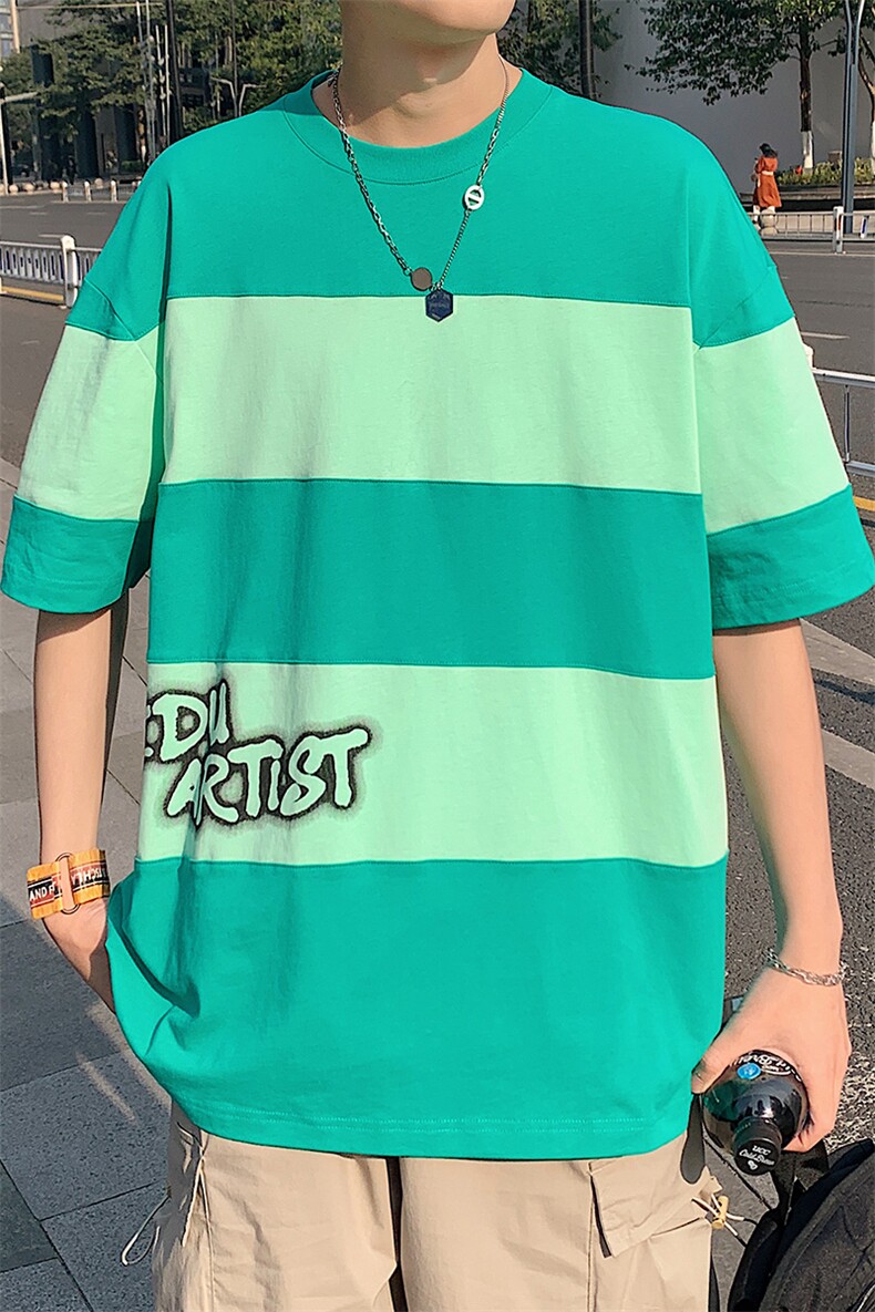 得物抖音40支双纱高品质港风时尚条纹印花短袖T恤男女T7231-P45,男装T恤,电商A441-1