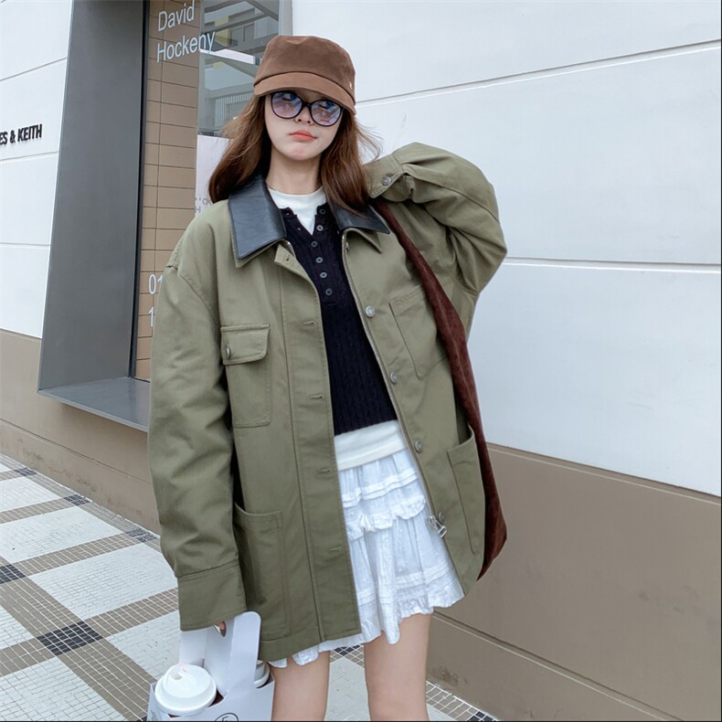 pu皮领军绿色工装风衣外套女春秋2025新款美式休闲夹克大衣港负,女装短外套,2C372