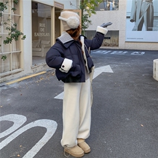 针织领羊羔毛PU皮拼接藏青50绒羽绒服2C206-L677-P295-K448，女装羽绒服，2C206
