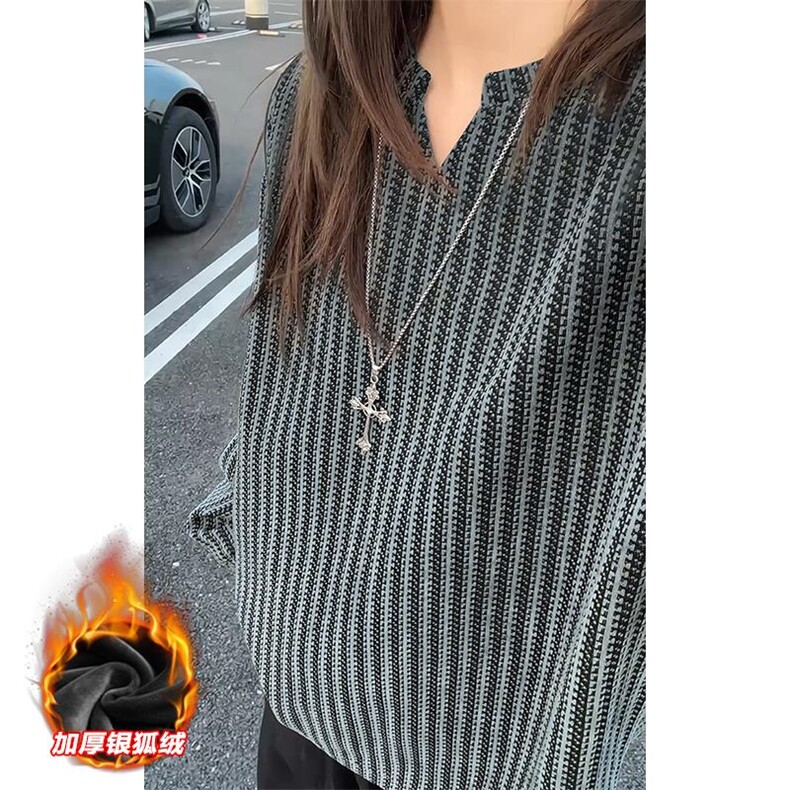 雪尼尔450g重磅鱼骨纹V领加绒银狐绒T恤男T24536J加绒-特P30控58,男装T恤,电商A001