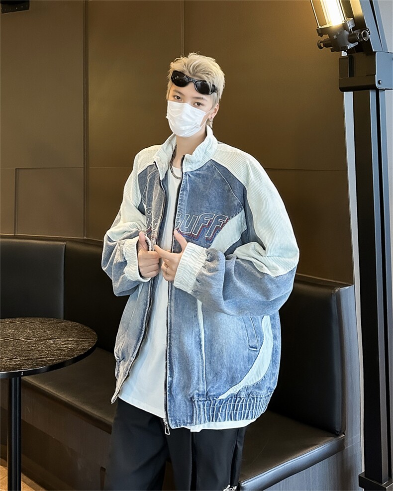 美式街头牛仔拼接刺绣立领夹克男女宽松百搭休闲外套,男装夹克,星座410-6（原星座1304-1）