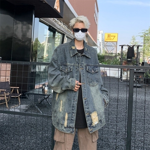 牛仔外套男春秋季美式复古做旧潮牌痞帅宽松百搭工装夹克3690 P58图片