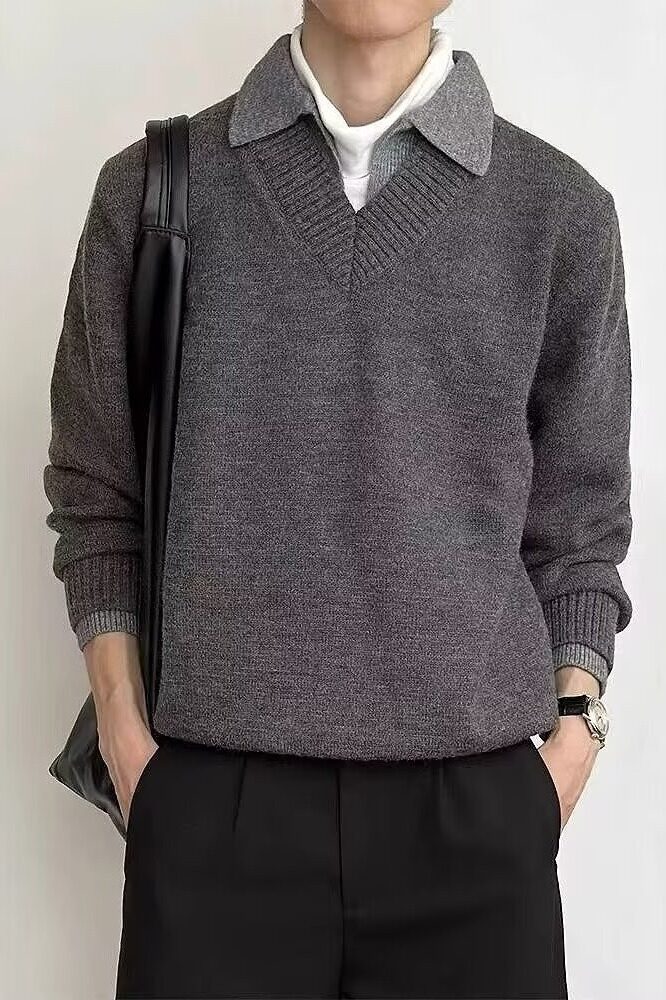 濮院毛衣男针织polo衫日系美式假两件V领文艺套头翻领LF113P65,男装针织衫/毛衣,电商D256-2(原A064-2)