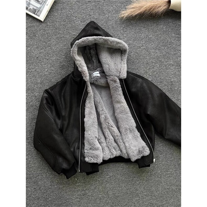美式复古PU皮连帽棉服外套男女冬季宽松保暖加绒棉衣M60299-P135,男装棉衣,星座1008