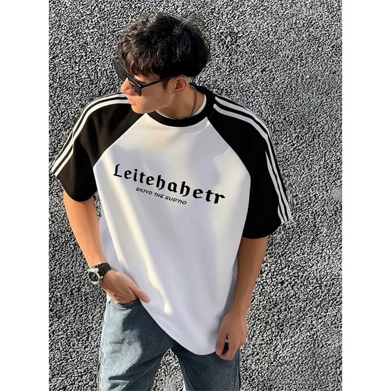 抖音得物品质二开240克宽松纯棉美式潮牌插肩三杠织带短袖T恤，男装T恤，电商A486