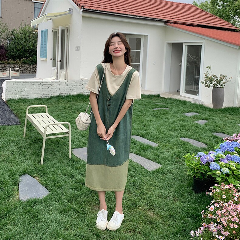 短袖网红牛仔拼接背心裙两件套女夏季新款学院风设计感减龄连衣裙,女装套装/套裙,幸运星