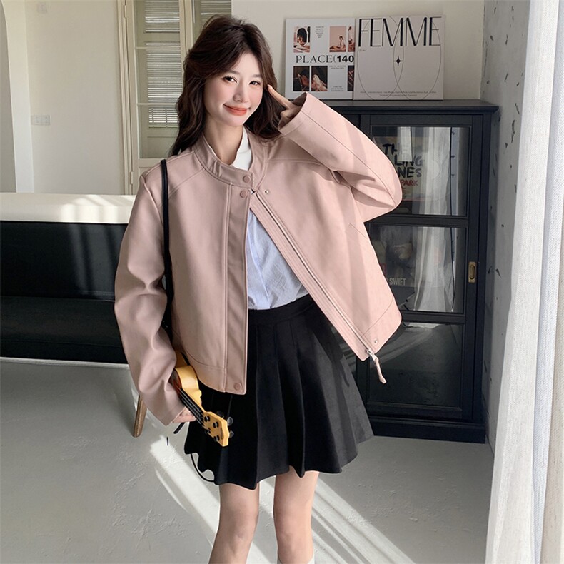 粉色短款PU皮衣夹克外套女2025春秋季新款韩版流行显瘦机车服上衣图片