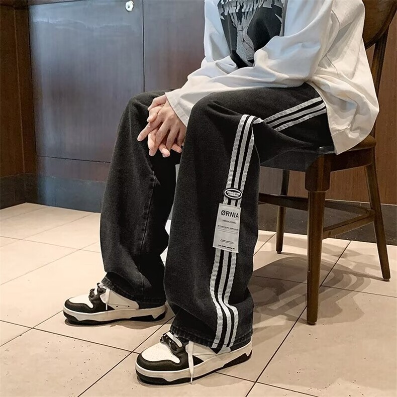 港风秋款男牛仔裤三条杠条纹贴标直筒宽松长裤NK138P45,男装牛仔裤,星座1013-1