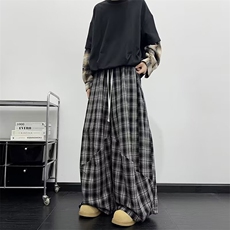 美式复古慵懒风双腰头拼接格子裤子男夏季爵士舞宽松阔腿裤休闲裤，男装休闲裤，星座813-2