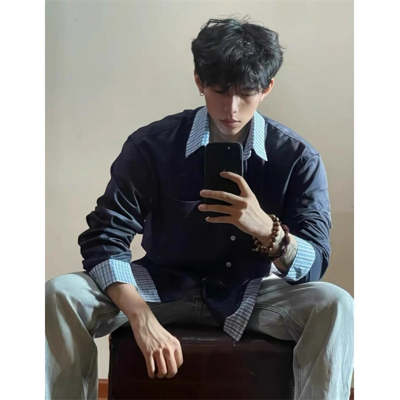 现货 自制 蓝色格子拼接翻领长袖情侣款男女假两件衬衫 CX03-p45图片