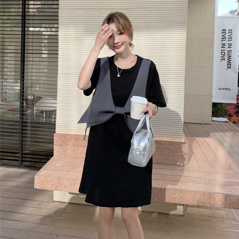 设计感蝴蝶结假两件连衣裙女夏2025小个子淡人减龄休闲黑色T恤裙,女装连衣裙,2C258