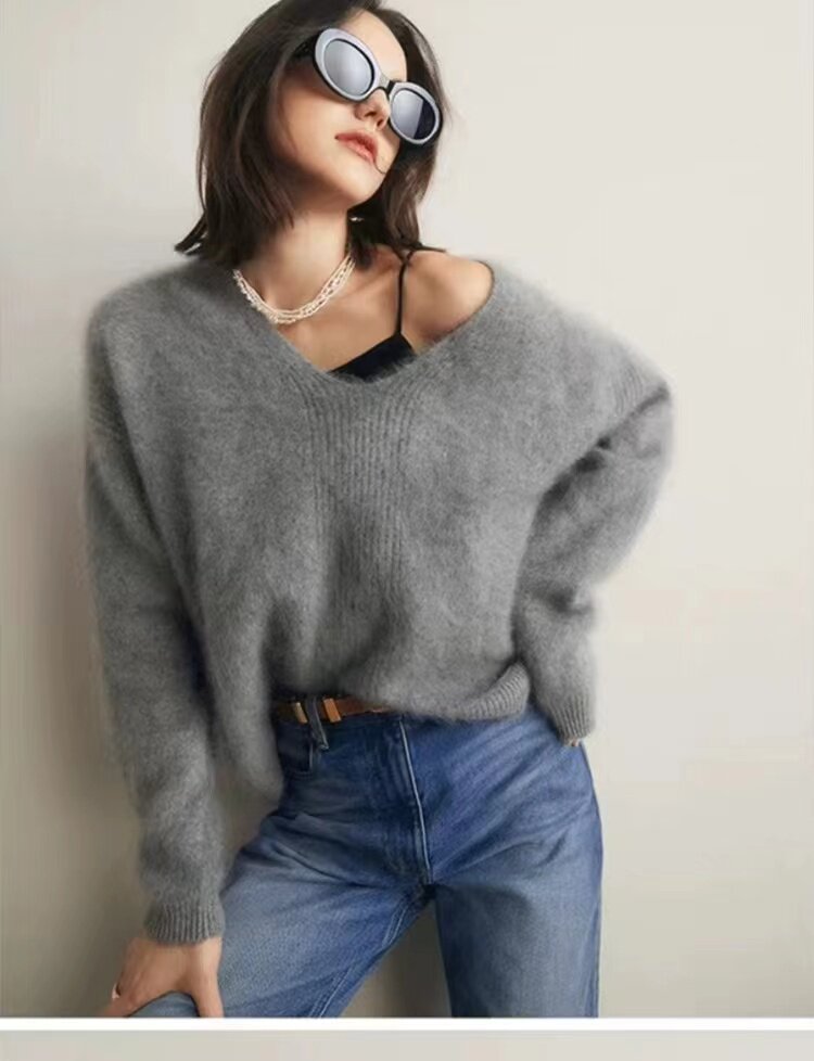 秋冬新款V领慵懒套头毛衣打底韩版宽松女针织上衣，女装针织衫/毛衣，半城羊绒