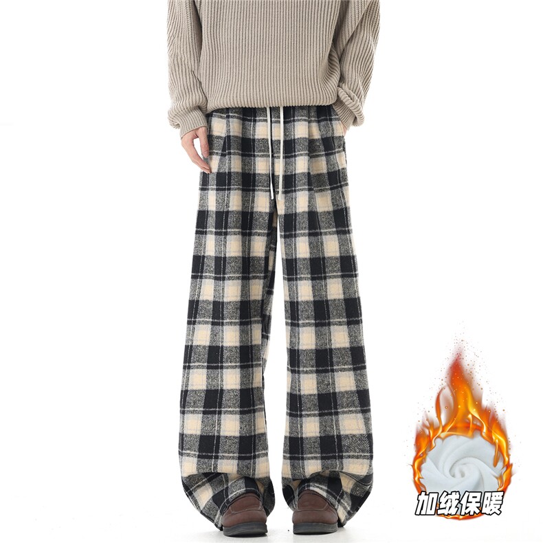 YK359加绒特P45无影墙冬天加绒加厚氛围感黑格宽松阔腿休闲裤，男装卫衣，电商A249